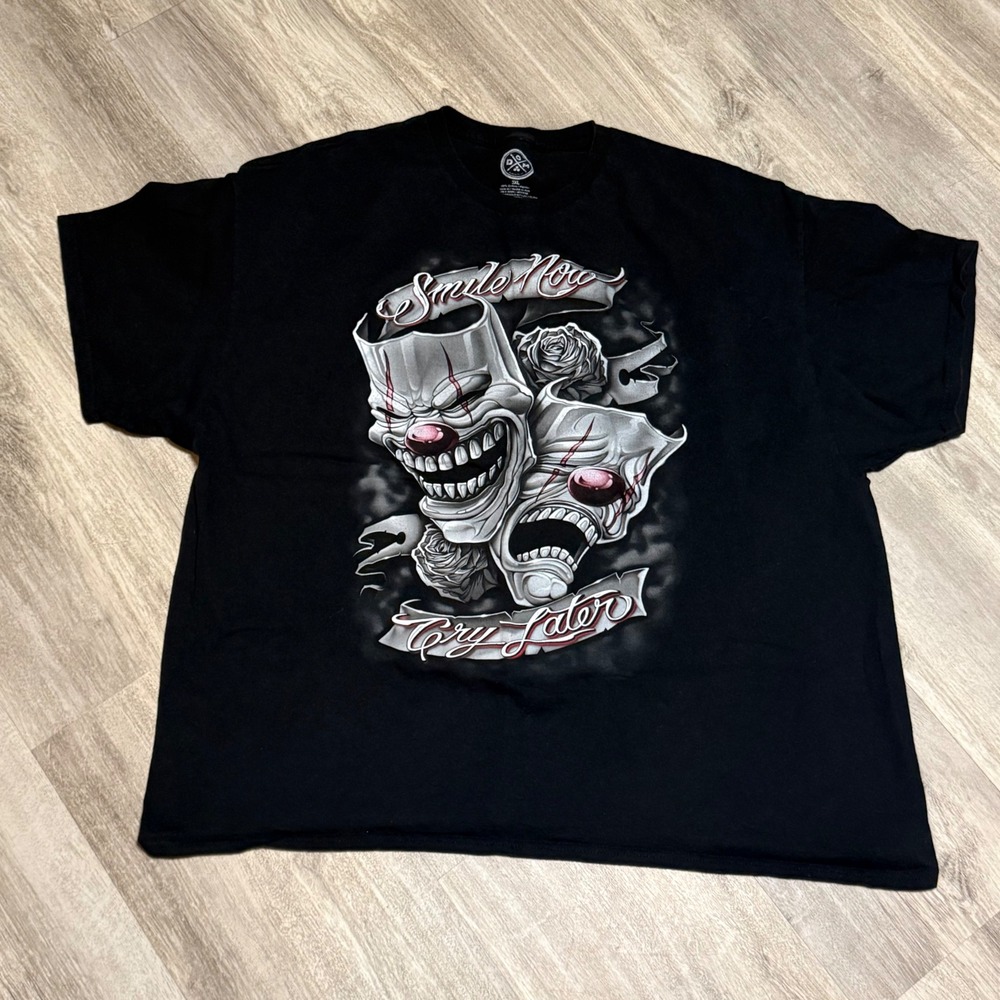 DGA Smile Now Cry Later Clown Drama Masks Graphic Tee Black 3XL